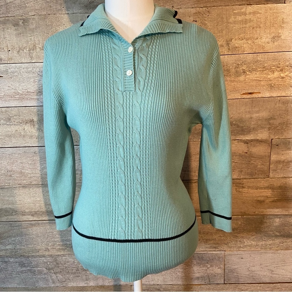 Vintage women’s aqua‎ teal blue 3/4 sleeve collared button up ribbed sweater
